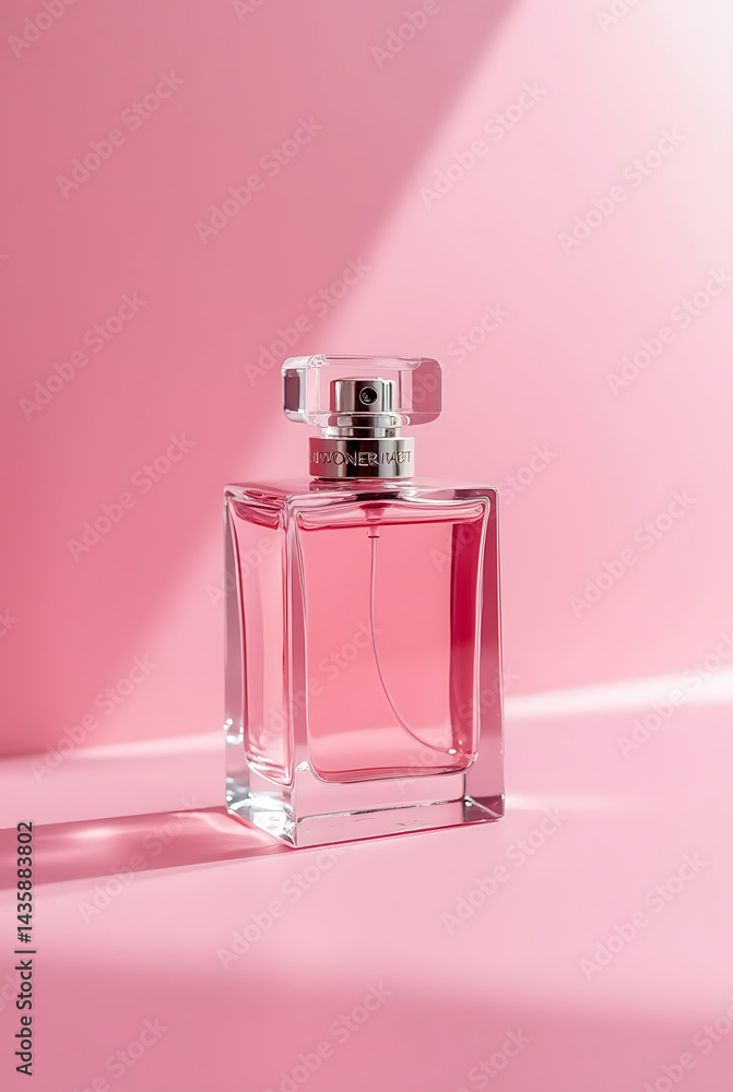 Elegant Pink Perfume Bottle on a Soft Pink Background: Luxury Fragrance Packaging and Minimalist Aesthetic Elegant Pink Perfume Bottle on a Soft Pink Background: Luxury Fragrance Packaging and Minimalist Aesthetic