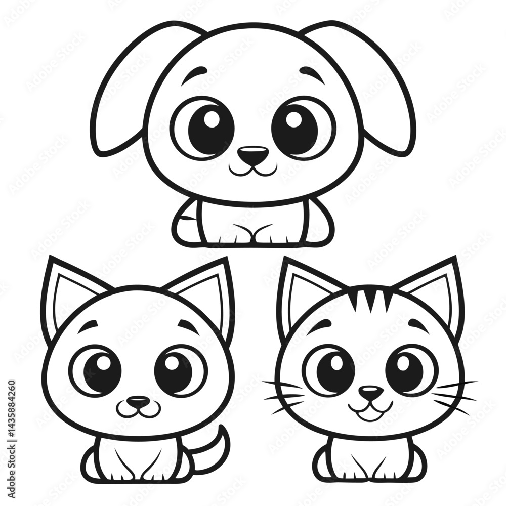 Fototapeta premium Adorable Puppy and Kitten Trio Black and White Cartoon Sketch