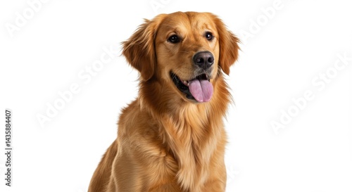 Golden retriever dog with open mouth and tongue out sitting in front of a white background studio shot
