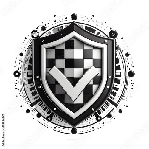 Black and white shield checkmark security 3d isolated on white background