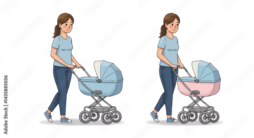 Young Mother Walking with Baby Stroller Casual Day Out Young Mother Walking with Baby Stroller Casual Day Out