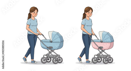 Young Mother Walking with Baby Stroller Casual Day Out