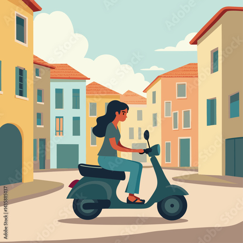 Confident young woman riding a classic scooter through charming colorful streets on a sunny day, carefree lifestyle, urban exploration, freedom of travel, cheerful adventure, vibrant atmosphere, simpl