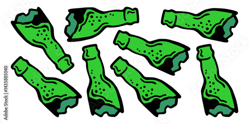 
Vector horizontal colored banner with a collection of the same type of broken glass bottles on a white isolated background