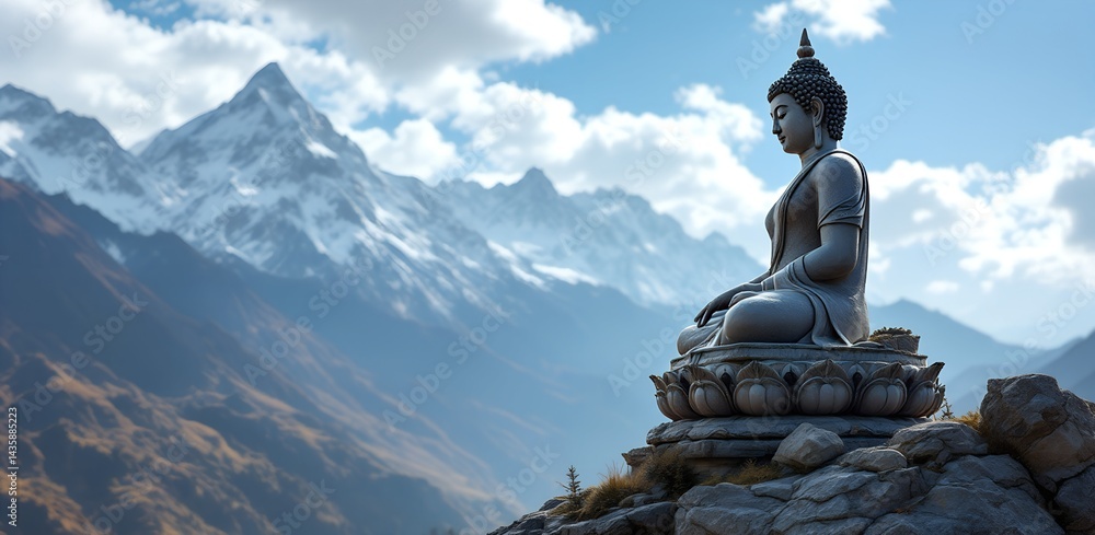 Ancient Buddha statue in serene mountain landscape with snowy peaks and dramatic clouds. Peaceful meditation atmosphere.