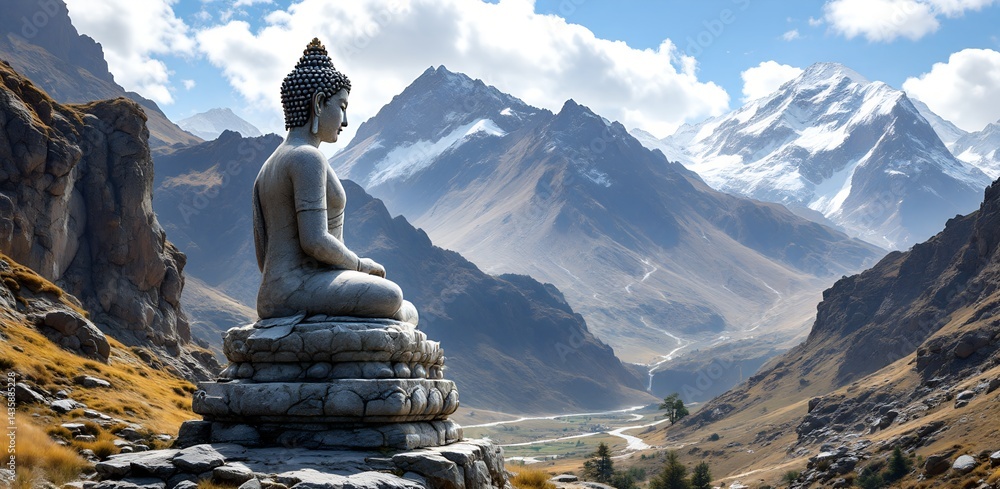 Ancient Buddha statue overlooking majestic mountain valley with winding river under clear sky. Spiritual and peaceful scenery.