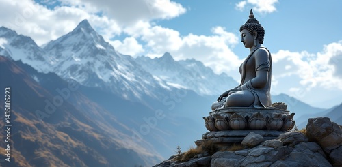 Obraz na płótnie Ancient Buddha statue in serene mountain landscape with snowy peaks and dramatic clouds. Peaceful meditation atmosphere. w salonie