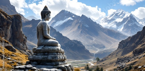Obraz na płótnie Ancient Buddha statue overlooking majestic mountain valley with winding river under clear sky. Spiritual and peaceful scenery. w salonie