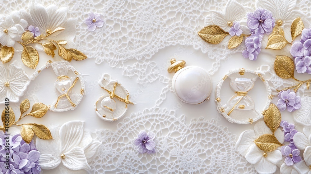 Elegant white cake decorations with gold accents and purple flowers Elegant white cake decorations with gold accents and purple flowers