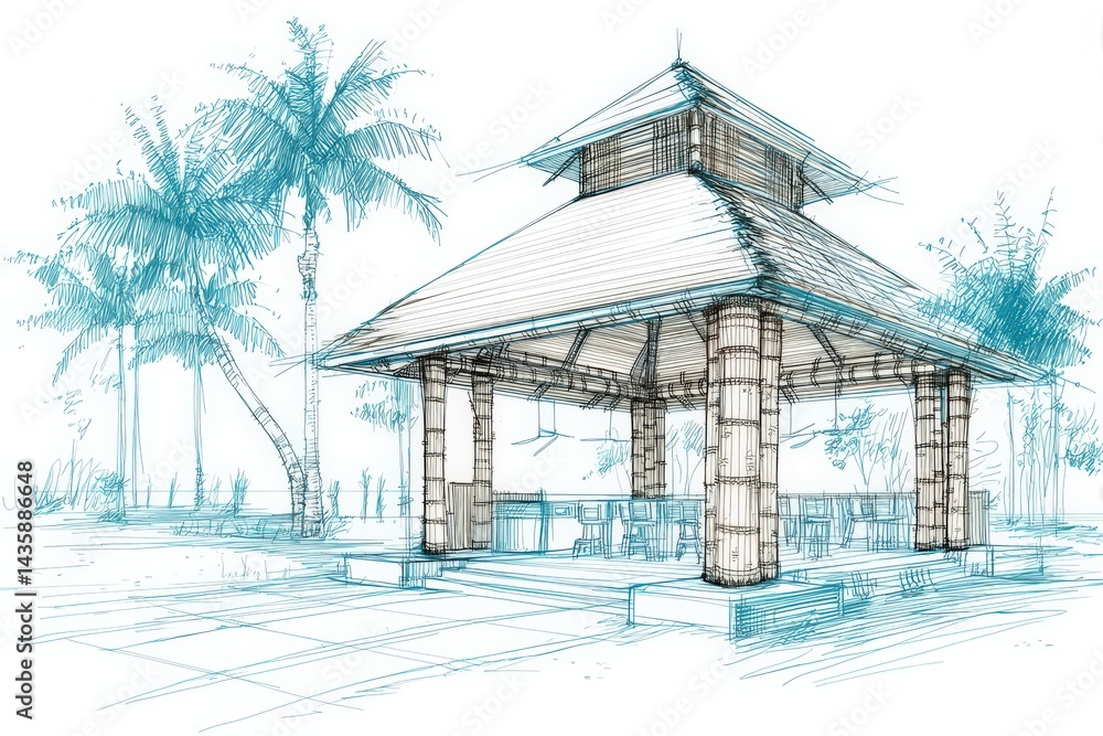 Illustrated Pavilion Surrounded by Lush Palm Trees and Nature