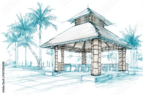 Illustrated Pavilion Surrounded by Lush Palm Trees and Nature