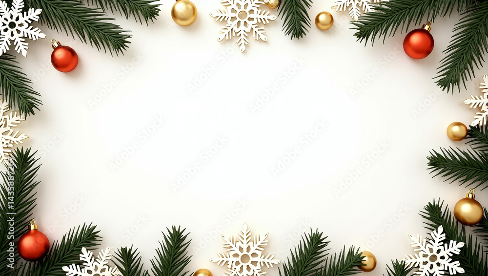 Christmas Festive Frame: A charming Christmas frame composed of fir branches, decorative snowflakes, and red and gold ornaments. Perfect for holiday greetings, invitations, or advertisements. Christmas Festive Frame: A charming Christmas frame composed of fir branches, decorative snowflakes, and red and gold ornaments. Perfect for holiday greetings, invitations, or advertisements.