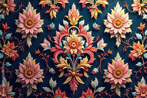 Intricate floral damask textile, repeating motif , ornament, repeat