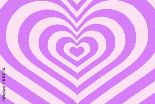 Bright purple geometric heart background. Optical art heart, optical illusion. Groovy wallpaper. Design for wallpaper, fabric, banner, backdrop, wrapping paper, textile, card, celebration, decoration