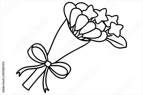 Single line flower bouquet tied with a bow, all in one stroke
