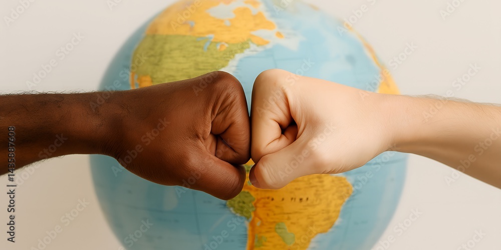 Closeup of Black and White hands fist bumping with globe in background symbolizing unity and friendship