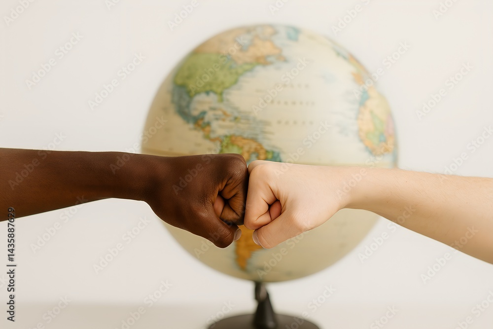 Interracial hands fist bumping in front of blurred world globe, symbolizing global unity and teamwork