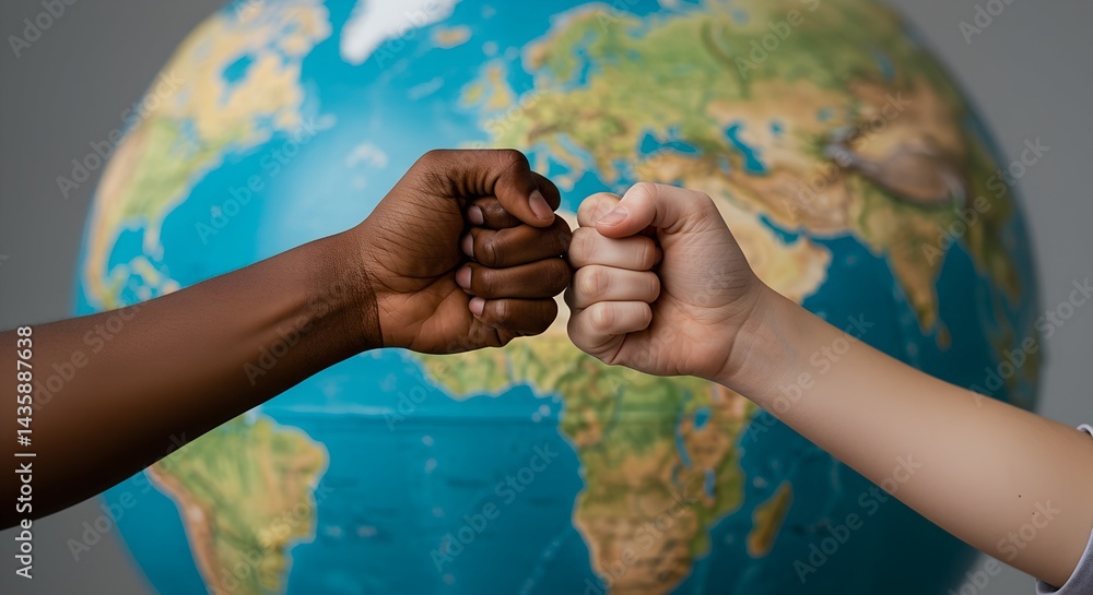 Black and White fists meeting in front of Earth globe symbolizing international friendship and cooperation