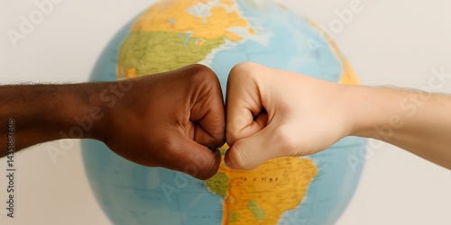 Obraz na płótnie Closeup of Black and White hands fist bumping with globe in background symbolizing unity and friendship w salonie