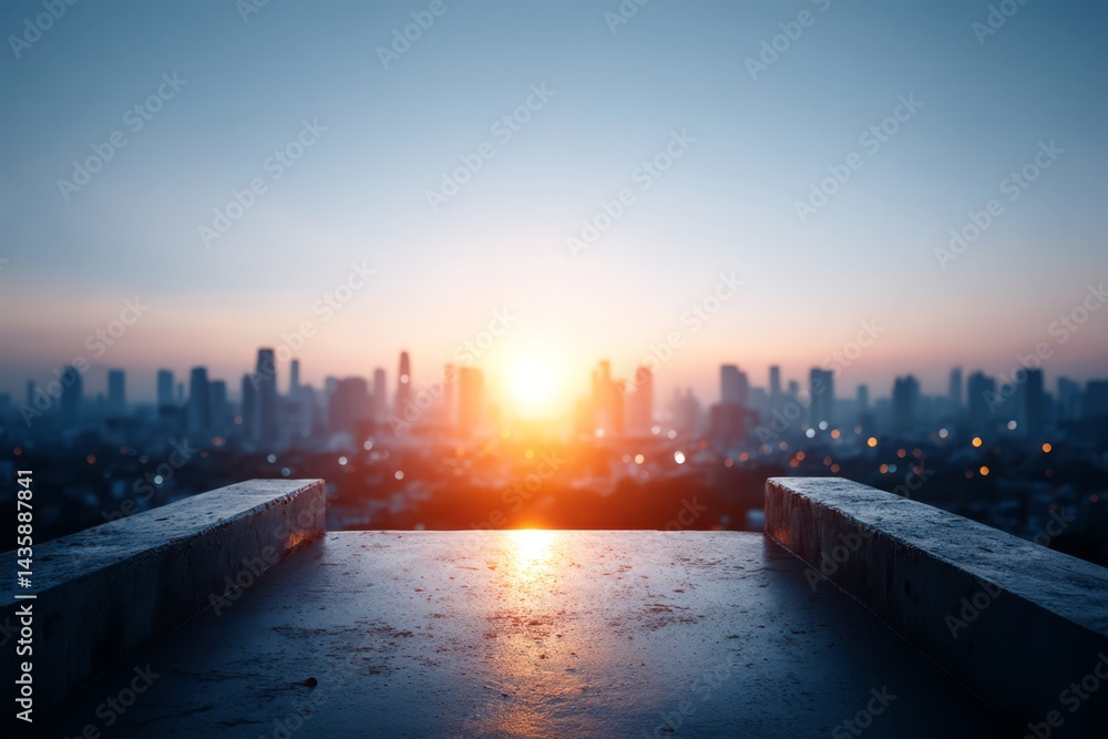 Naklejka premium Urban Cityscape View During Sunrise From Elevated Platform
