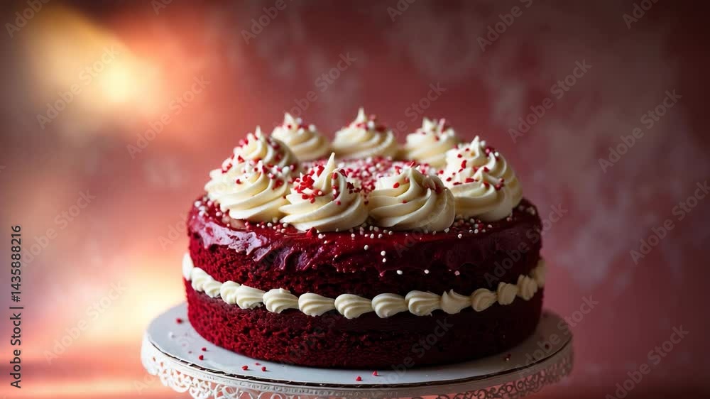 Festive Red Velvet Cake on Cake Stand with Flowers and Berries, Focused Detail Festive Red Velvet Cake on Cake Stand with Flowers and Berries, Focused Detail
