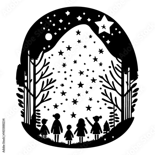 Whimsical stargazing: a silhouette of children watching the cosmic sky illustration