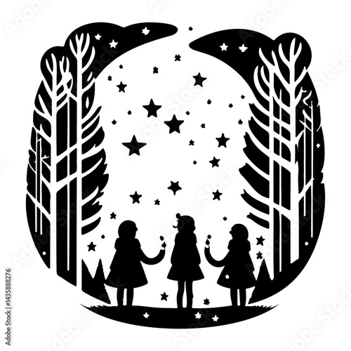 Silhouette of children observing starry sky amid stylized forest landscape scenery