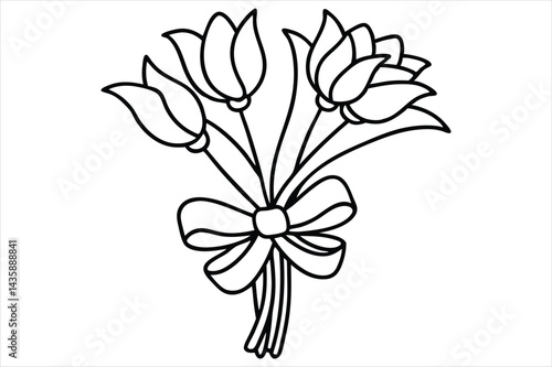 Single line flower bouquet tied with a bow, all in one stroke
