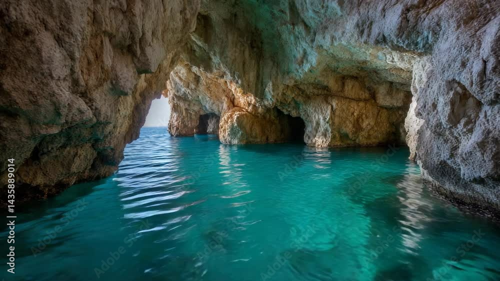 Underwater grotto with turquoise sea water and rock formation, forming arches and natural caves with sun rays shining from open areas Underwater grotto with turquoise sea water and rock formation, forming arches and natural caves with sun rays shining from open areas
