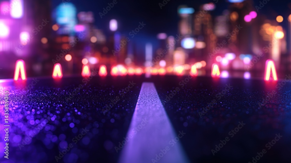 Fototapeta premium Neon city street at night, road divider, urban lights, blurred cityscape background