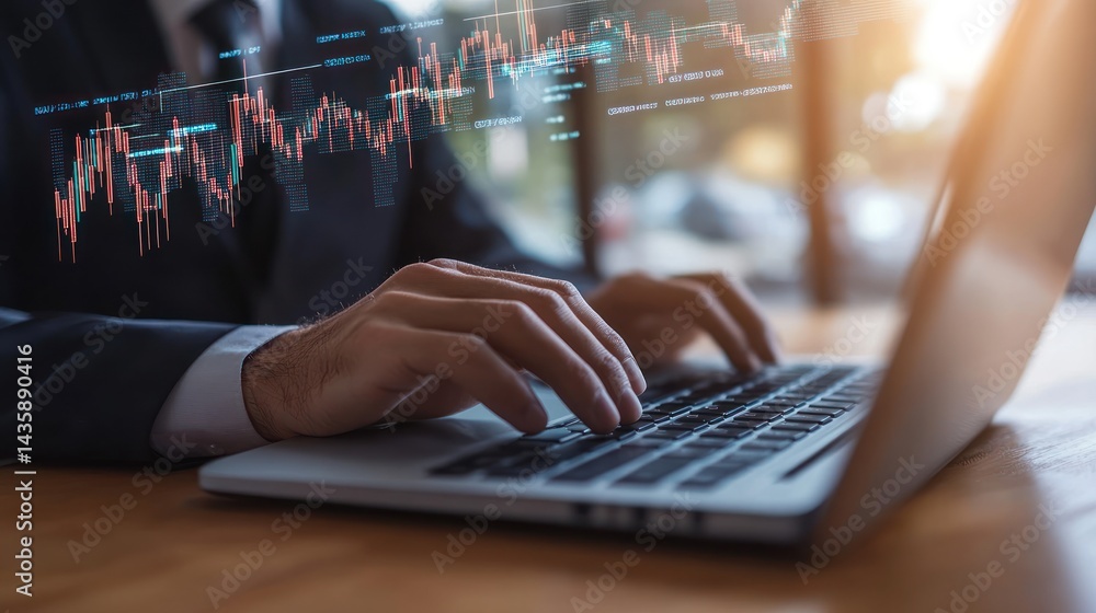 Businessman typing analyzes financial stock chart overlay in blurred office Businessman typing analyzes financial stock chart overlay in blurred office