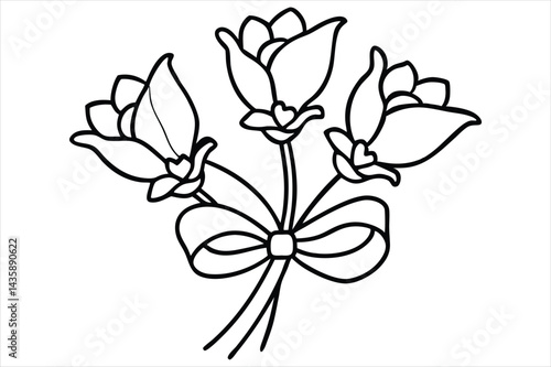 Single line flower bouquet tied with a bow, all in one stroke