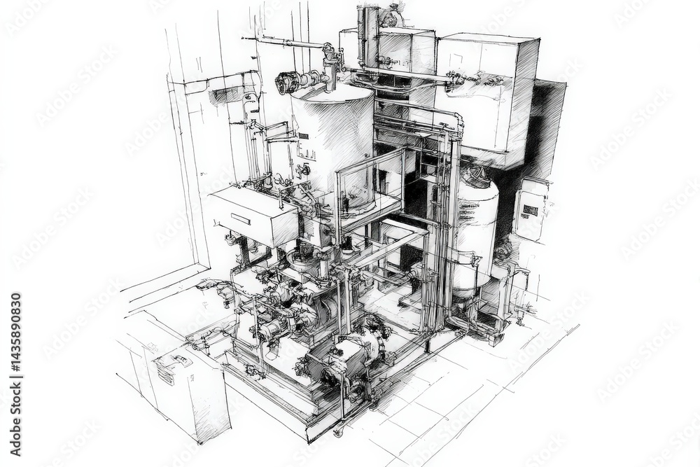 Industrial Equipment Design Sketch of Complex Machinery Layout