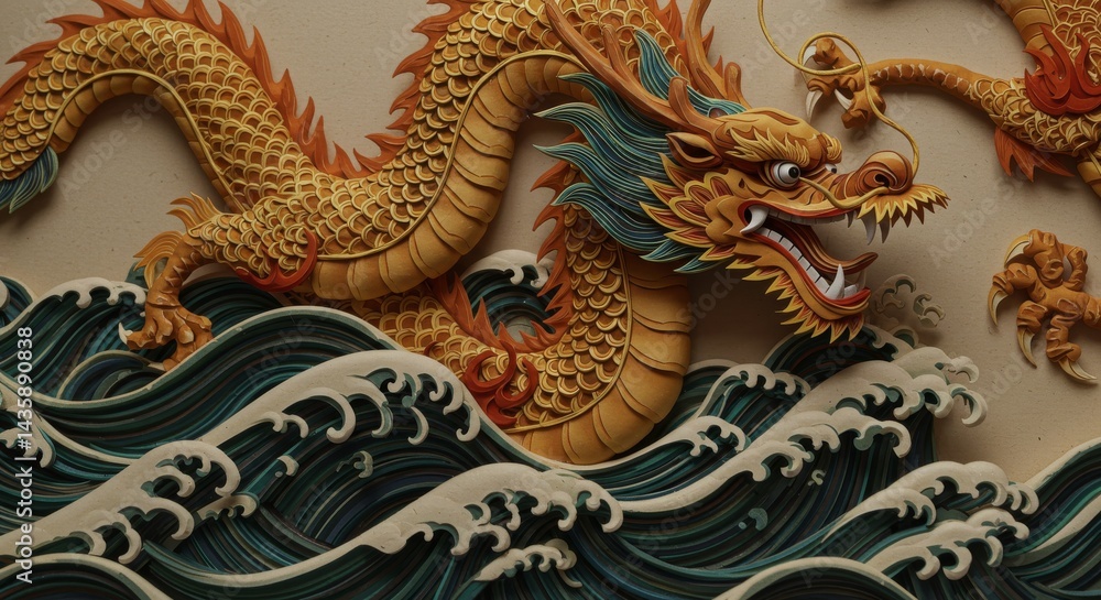 Golden Dragon Amidst Ocean Waves Paper Art - Symbolizing power, prosperity, good fortune, strength, and harmony Golden Dragon Amidst Ocean Waves Paper Art - Symbolizing power, prosperity, good fortune, strength, and harmony