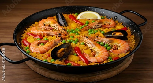 Wallpaper Mural Traditional Spanish paella loaded with seafood, saffron rice, peas, and red peppers, served in a classic paella pan on a wooden table Torontodigital.ca