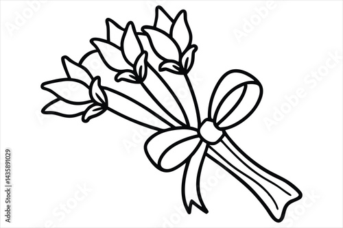 Single line flower bouquet tied with a bow, all in one stroke