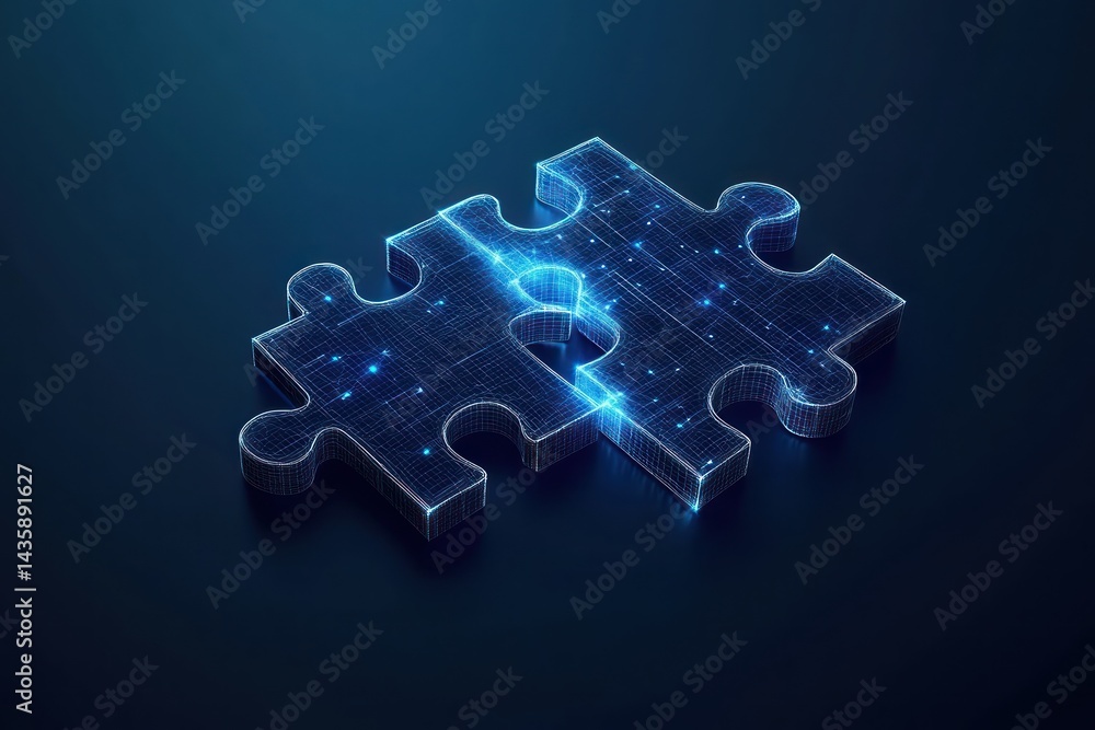 Obraz premium Digital puzzle pieces connecting, glowing, dark background; solution concept
