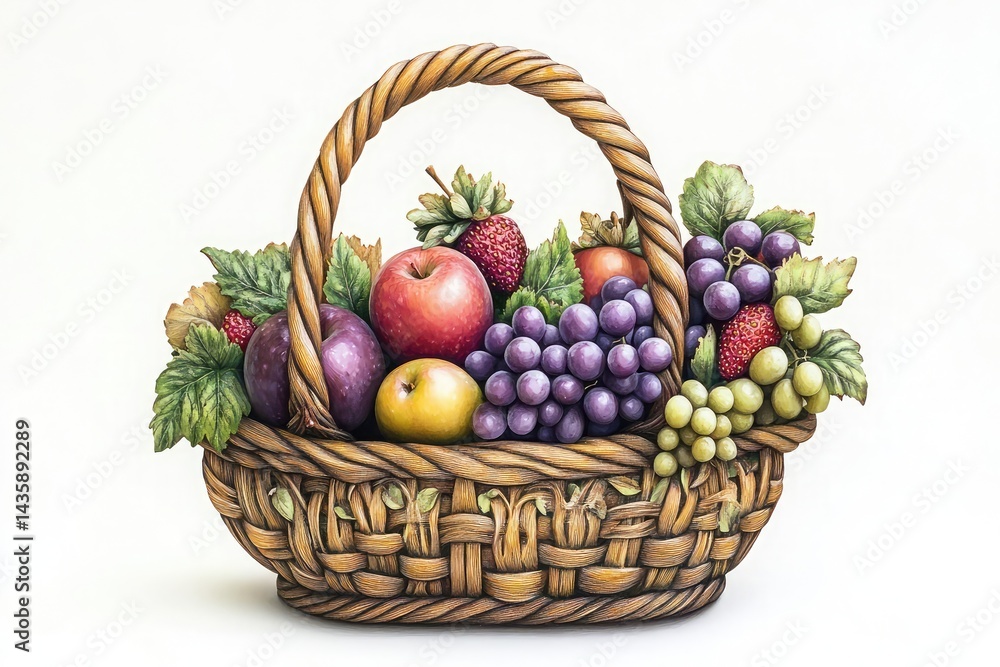 Fruit basket with grapes, strawberries, and apples, isolated on a white background Fruit basket with grapes, strawberries, and apples, isolated on a white background