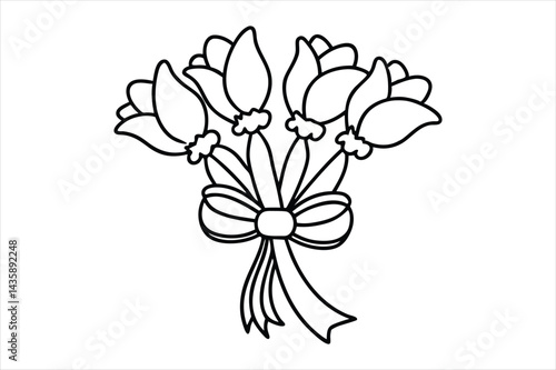 Single line flower bouquet tied with a bow, all in one stroke