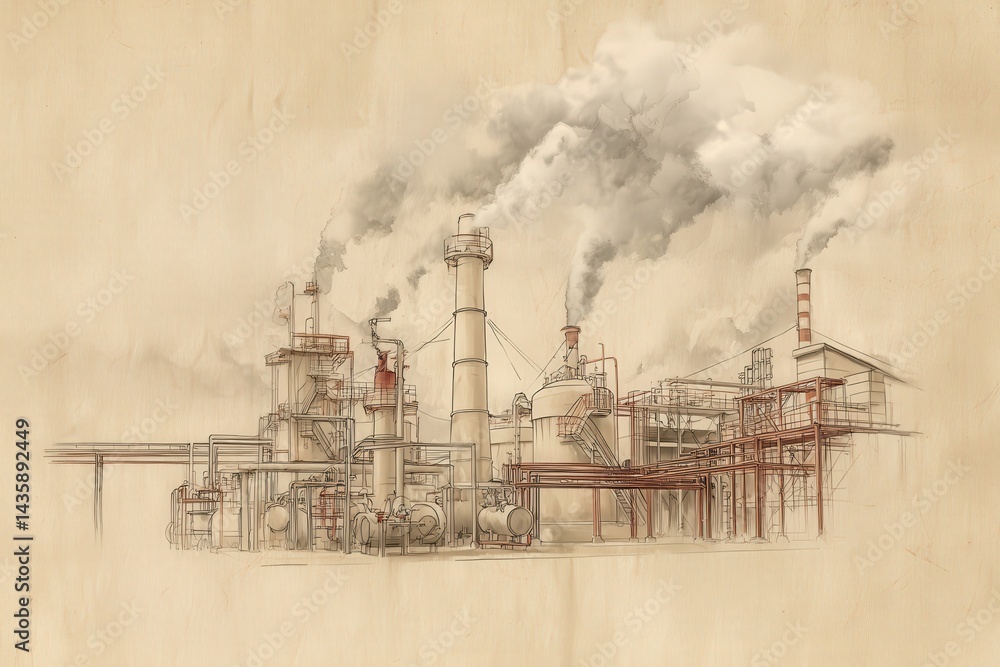 Industrial Factory Emitting Smoke with Industrial Equipment and Structures