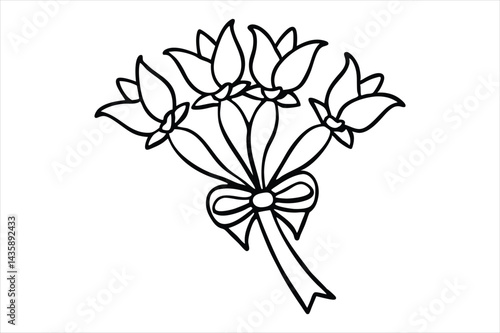 Single line flower bouquet tied with a bow, all in one stroke