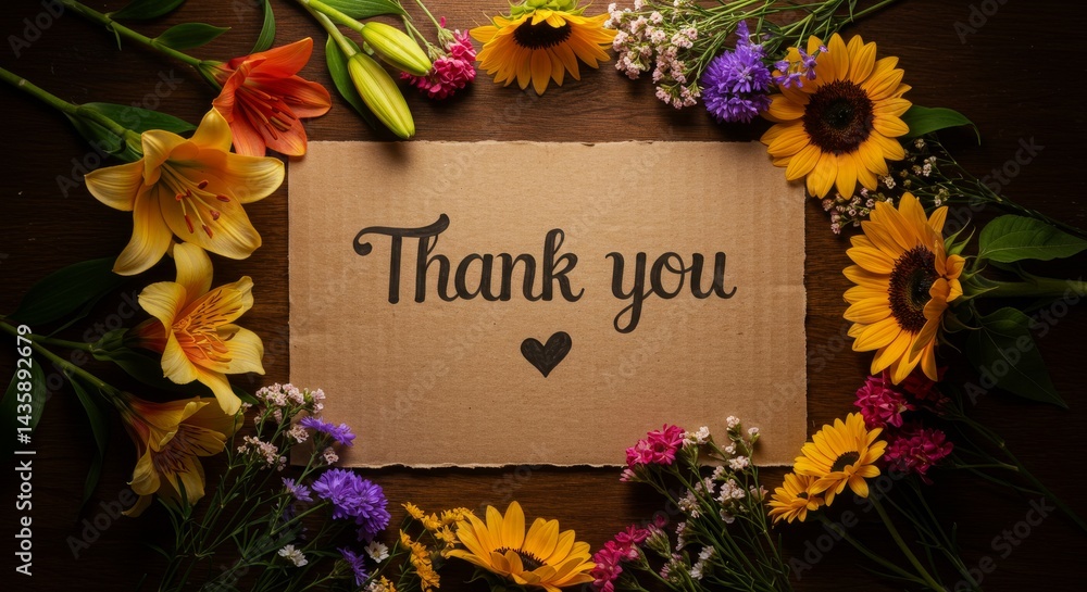 Gratitude Blooms: A Thank You Message - Cardboard thank you note surrounded by vibrant flowers, symbolizing appreciation, gratitude, love, nature, and heartfelt thanks Gratitude Blooms: A Thank You Message - Cardboard thank you note surrounded by vibrant flowers, symbolizing appreciation, gratitude, love, nature, and heartfelt thanks