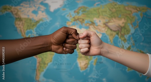 Obraz na płótnie Closeup of Black and White hands fist bumping with world map in background, symbolizing unity and diversity w salonie