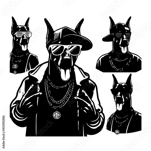 Stylish cat wearing a rapper's outfit, sunglasses, and bling. A black and white graphic illustration of a cat dressed in a trendy, hip-hop inspired outfit.