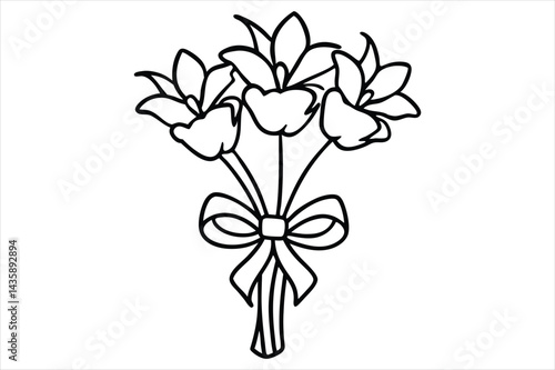 Single line flower bouquet tied with a bow, all in one stroke