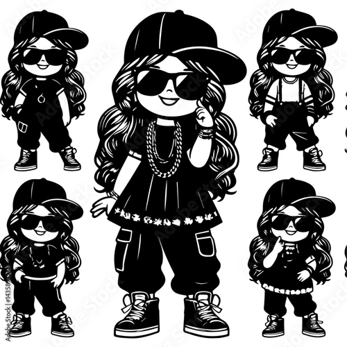 Stylish cat wearing a rapper's outfit, sunglasses, and bling. A black and white graphic illustration of a cat dressed in a trendy, hip-hop inspired outfit.