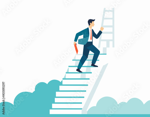Step or progress to success and reach goal target, leadership to improve personal development, ladder or staircase to achieve goal, aspiration or career path, businessman run up stair to success.