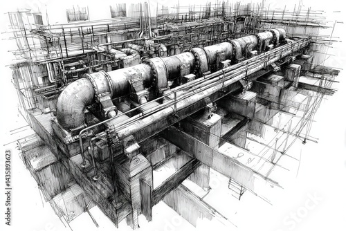 Industrial Infrastructure with Large Pipes and Machinery in Sketch Style