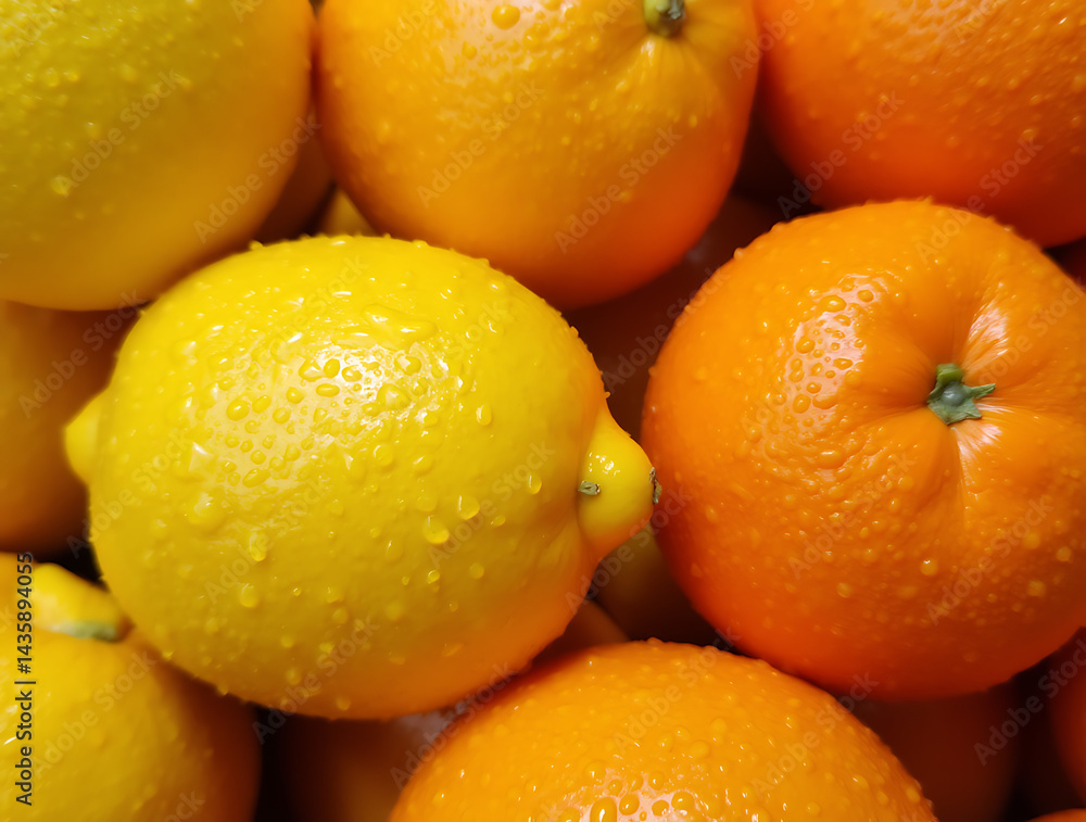 Vibrant Citrus Fruits with Dew Drops: Fresh Oranges and Lemons in a Lush Display Vibrant Citrus Fruits with Dew Drops: Fresh Oranges and Lemons in a Lush Display