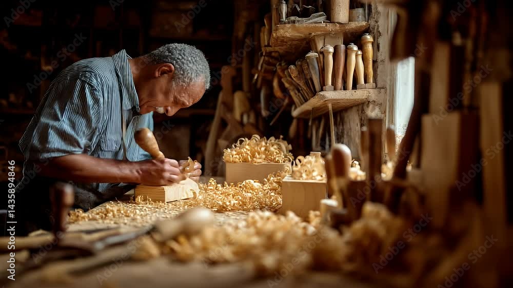 Skilled Craftsman Carving Wood in a Warm, Rustic Workshop Surrounded by Tools and Shavings Skilled Craftsman Carving Wood in a Warm, Rustic Workshop Surrounded by Tools and Shavings